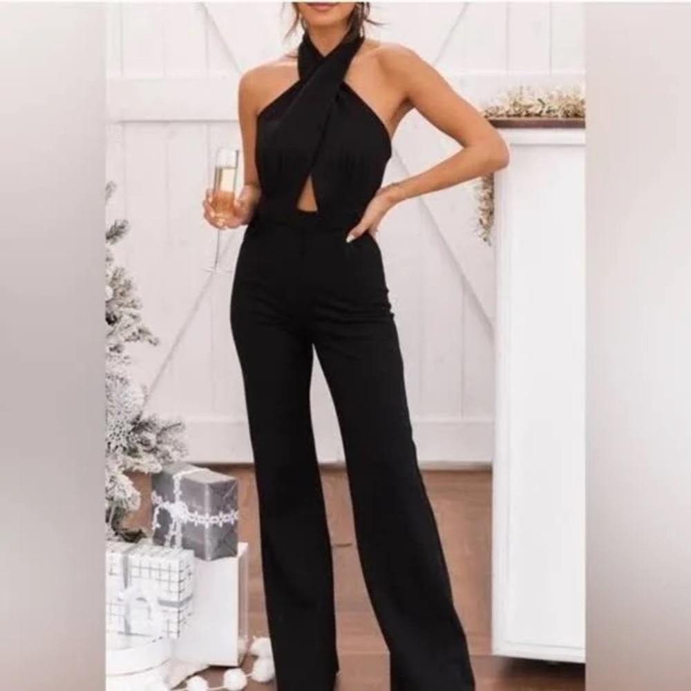 Gianni Bini Vena Black Velvet Halter Jumpsuit
